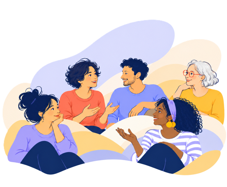 Illustration de cinq personnes échangeant et discutant dans une ambiance conviviale.