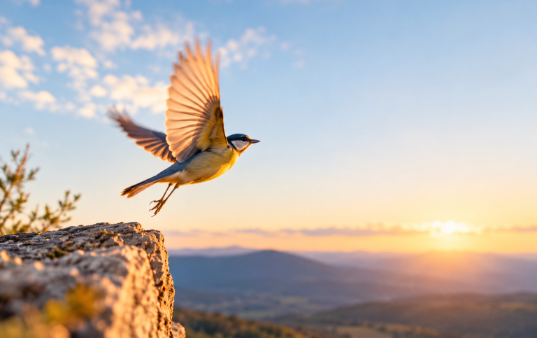 Petit oiseau prenant son envol au-dessus d'un paysage au coucher du soleil.